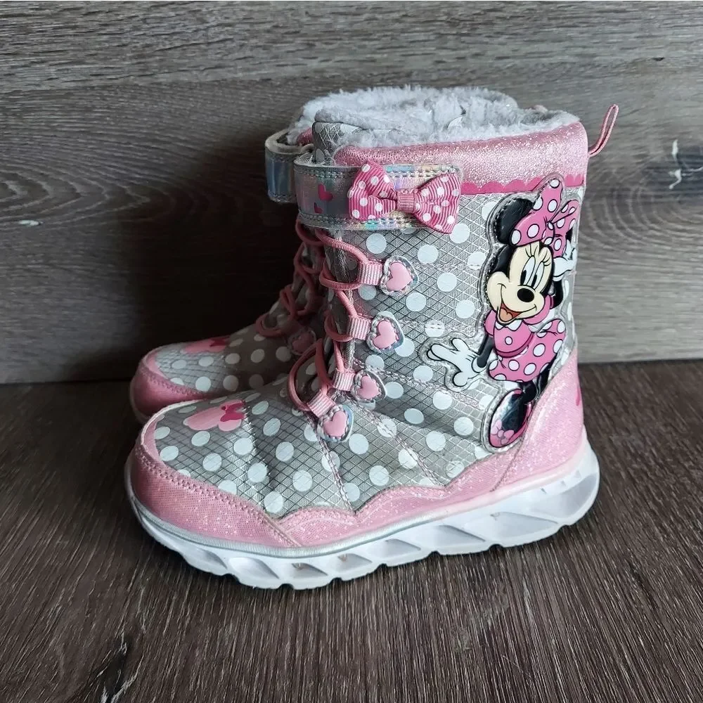 Disney Junior Minnie Mouse Toddler Girl Light Up Winter Snow Boots Size 12